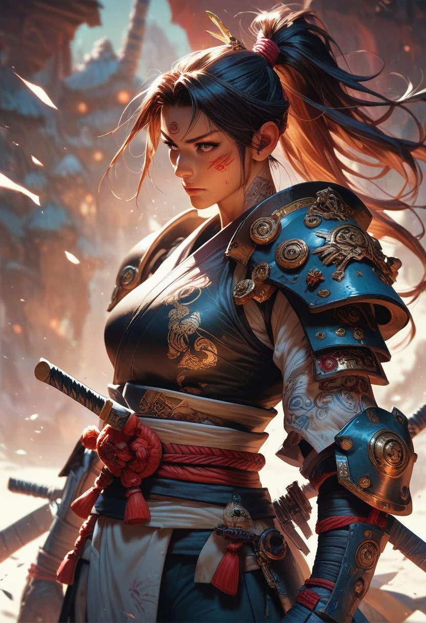 Fraction_9, Fraction_8_up, Fraction_7_up, Fraction_6_up, Fraction_5_up, Fraction_4_up,samurai woman in armor standing in a battlefield,armor,Ponytail,Japanese,fantasy,Focus only,epic,Tattoo