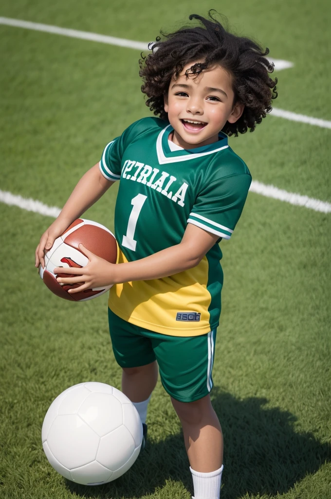 an image of a boy playing with a ball, chubby brown curly hair, disney pixar style, a scene of a football field
happy expression