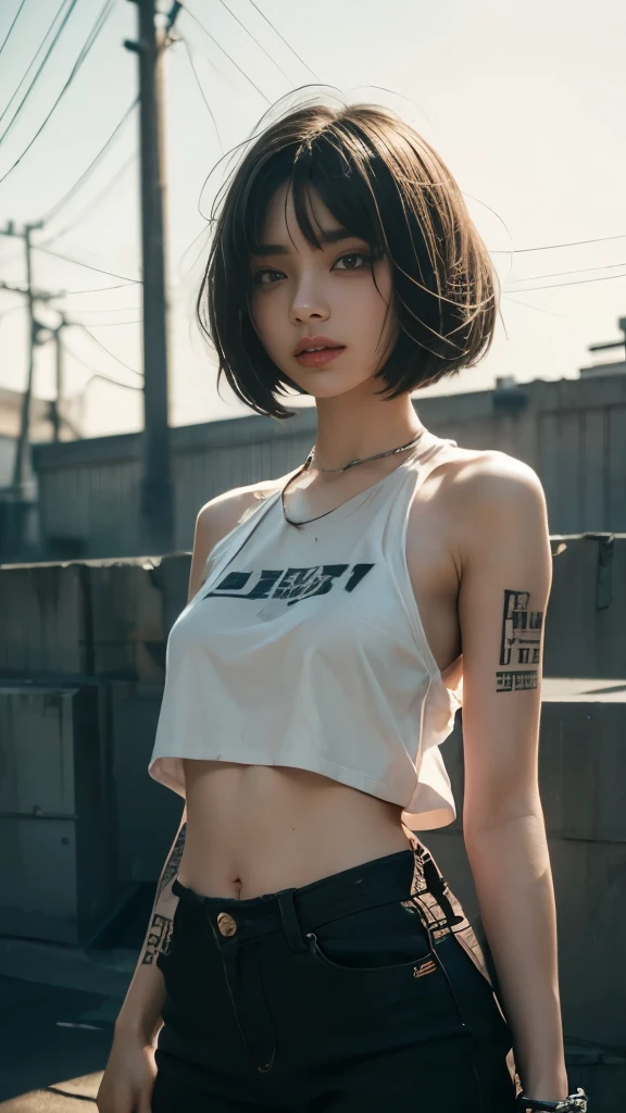 cyber punk、beauty、dirty clothes、bob cut hair、A girl with realistic skin texture stands in front of a concrete background。。. her dirty shirt、Adds a rough atmosphere to the entire image. she has a tattoo on her arm, It adds a hint of edge to her look. The focus of the image is、There'Highly detailed rendering of her skin, Accurately depict every pore and wrinkle. A background that creates an industrial atmosphere、Plays an important role in enhancing the realistic and photorealistic effect of images。. Colors are vivid and details are clear, Get the highest quality 8K images that look like masterpieces.