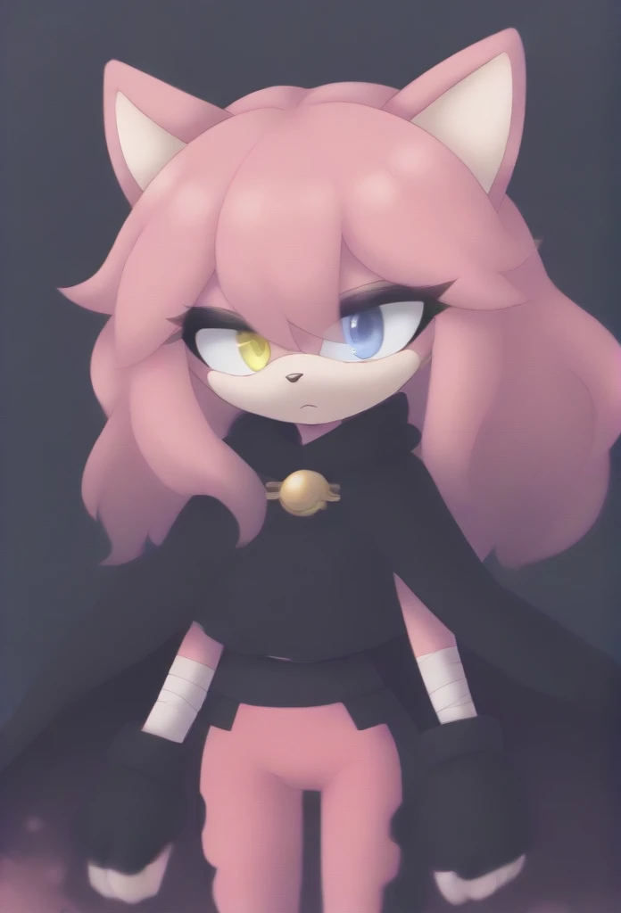 (1girl), (solo), Female Cat, pink fur, (pink hair), long hair, lower back length hair, large hair bangs, side locks, hair over shoulders, heterochromia, left yellow eye, right light blue eye, (black poncho), black cape, pink pants, black fingerless gloves, bandaged arms, cute eyelashes, expressionless, daytime, mobian, mobius city
