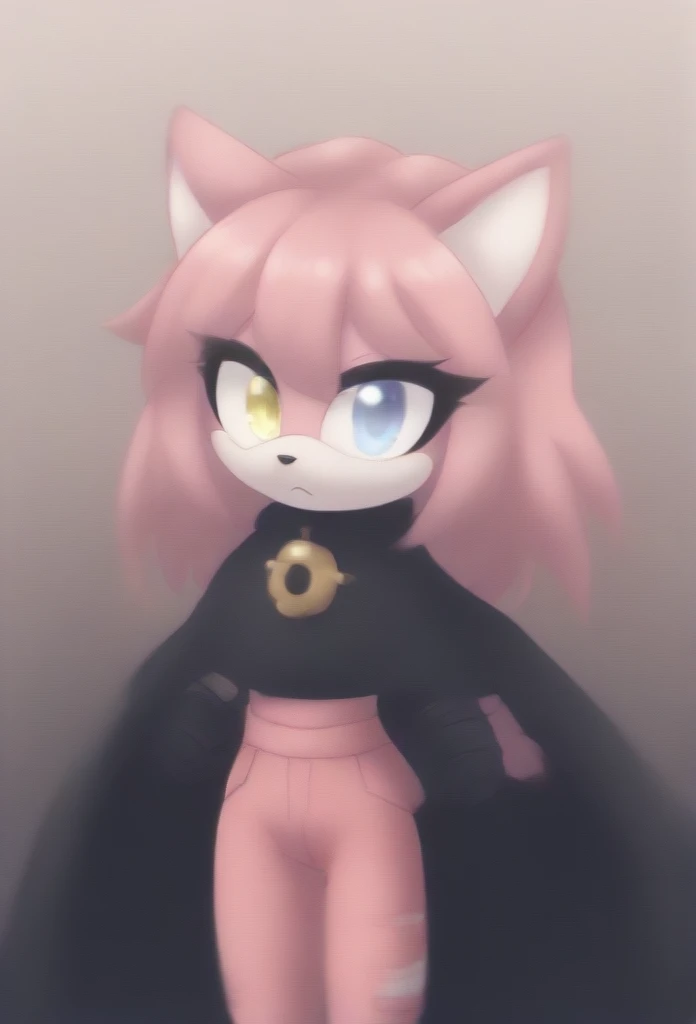 (1girl), (solo), Female Cat, pink fur, (pink hair), long hair, lower back length hair, large hair bangs, side locks, hair over shoulders, heterochromia, left yellow eye, right light blue eye, (black poncho), black cape, pink pants, black fingerless gloves, bandaged arms, cute eyelashes, expressionless, daytime, mobian, mobius city