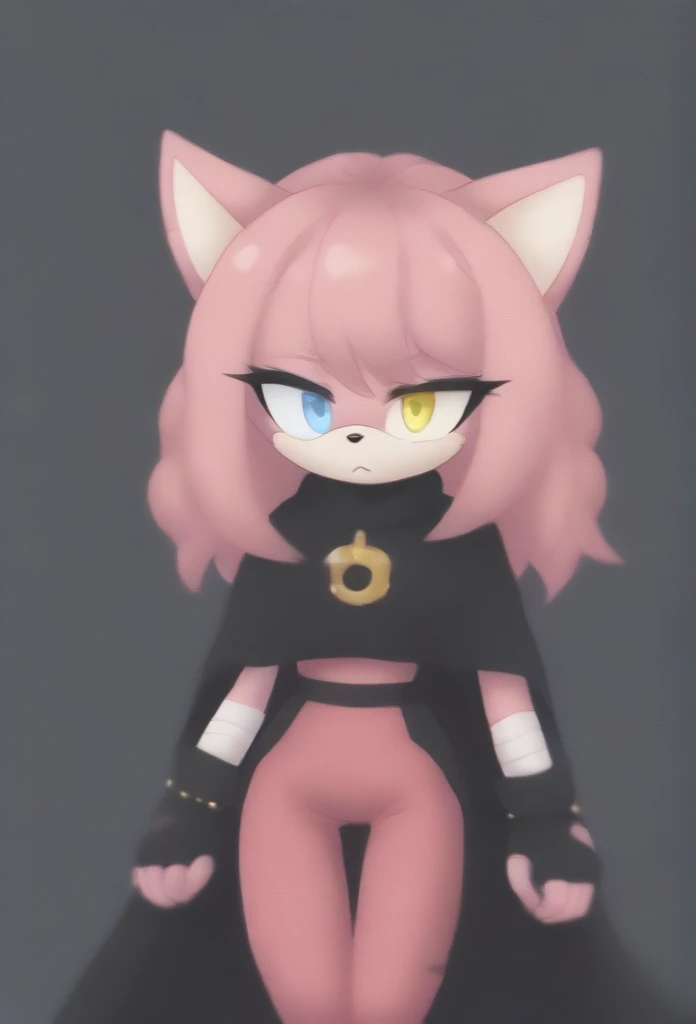 (1girl), (solo), Female Cat, pink fur, (pink hair), long hair, lower back length hair, large hair bangs, side locks, hair over shoulders, heterochromia, left yellow eye, right light blue eye, (black poncho), black cape, pink pants, black fingerless gloves, bandaged arms, cute eyelashes, expressionless, daytime, mobian, mobius city