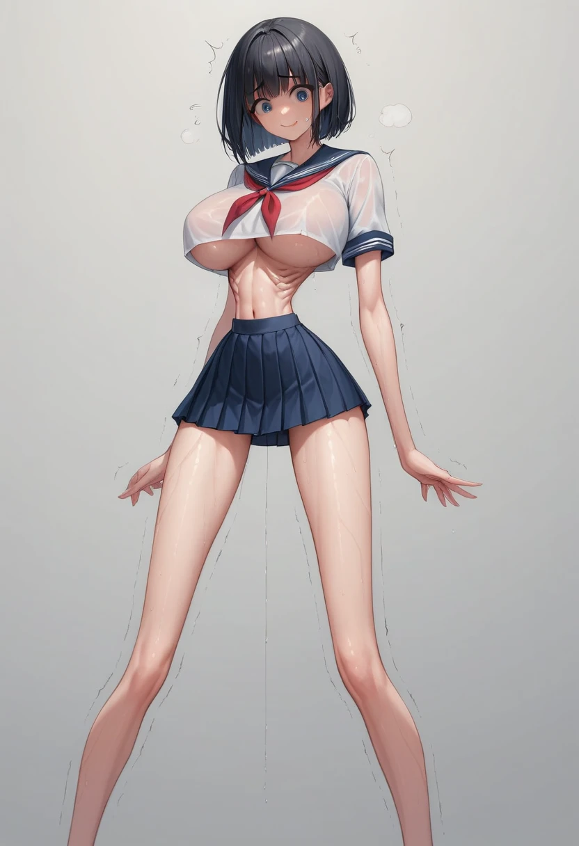 (masterpiece, best quality:1.2), front shot, beautiful thin 1girl, (super big breasts, micro waist, very long legs:1.5), Black hair, short bob hair, (Extremely skinny), short height, Light Skin, cute big eyes, cute beautiful thin face, forced smile, serafuku, mini skirt, Arched back, pigeon-toed, Embarrassing pose, Long and thin navel, (beautiful visible ribs), wet and sweaty, Trembling