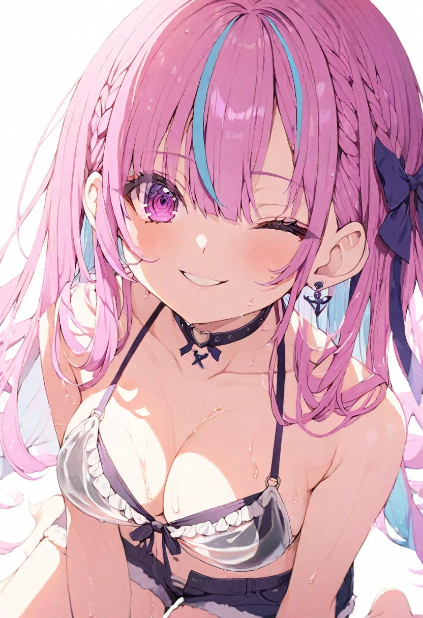 (muste piece), (best quality), very detailed eyes, expressive eyes, perfect face, very detailed face, highly detailed face, beautiful girl, 8K, beautiful girl, white background, delicate and beautiful face and eyes, dark intense shadow,
1 girl, vtuber style, cool girl, hololive, Minato Aqua, streaked hair, bikini, front-tie top, Unbuttoned shorts, big chest, cropped shoulders, clavicle, wet body, wet hair, one eye close winking, smile, body visible through clothes, chest visible through clothes, ass visible through thighs, (whole body), barefoot, naked thighs, sitting, open legs wide,