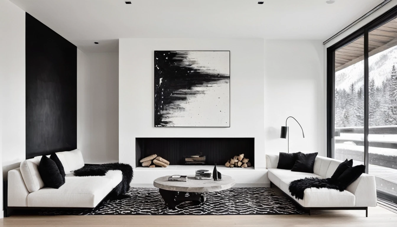 Minimalist modern chalet living room with black and white abstract decoration painting