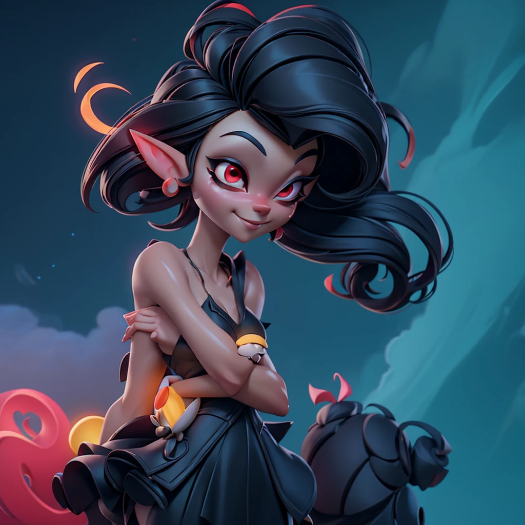 A captivating 3D animated scene by artist cetiu, featuring a slender and seductive elf with cascading black hair and luminescent neon red locks. The charming elf is in the arms of the Looney Tunes character Taz , who has his body in a tornado that gives the sensation of movement. The elf's eyes glow crystal red, the elf's skull spins in the air due to Taz's spinning speed. The background shows a vibrant and colorful Looney Tunes environment, with a bright sky and fluffy clouds, creating a cinematic and fashionable atmosphere., 3d rendering, fashion, cinematic, vibrant