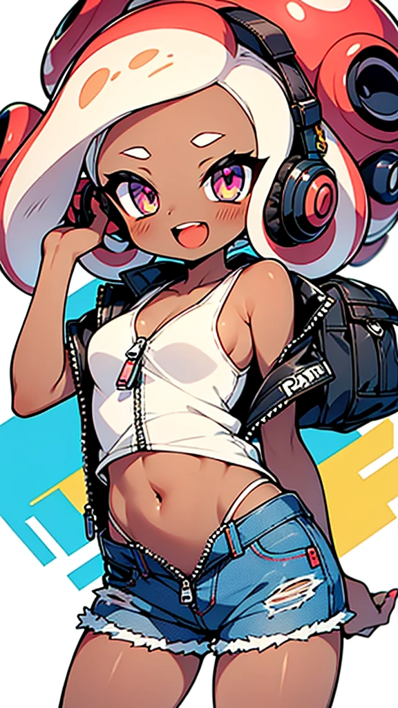 splatoon style anime illustration,octopus girl,
octoling,(skiny tank-top with open zipper),(Denim shorts with open zipper),
dark skin,hair with octopus suckers,headphone,
navel,in street,open mouth smile,from below,