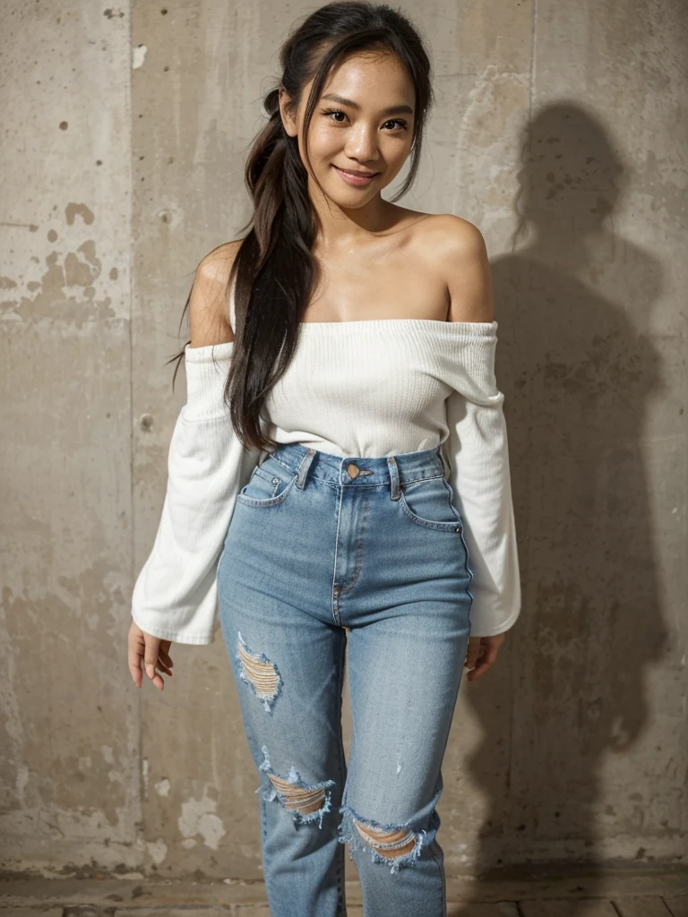 90 degree wide angle photo.Thai woman with long Half up half down hair, 45 years old, beautiful smile, (black.Off shoulder Sleeve. It has letters that say People, no one..and is wearing Distressed jeans)Wear white sports shoes. Standing still and still.Act like standing and waiting for a Place your hands at your sides.
