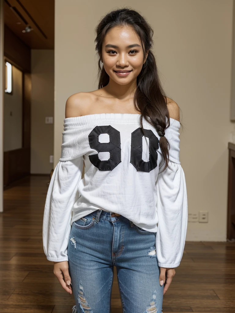 90 degree wide angle photo.Thai woman with long Half up half down hair, 45 years old, beautiful smile, (black.Off shoulder Sleeve. It has letters that say People, no one..and is wearing Distressed jeans)Wear white sports shoes. Standing still and still.Act like standing and waiting for a Place your hands at your sides.