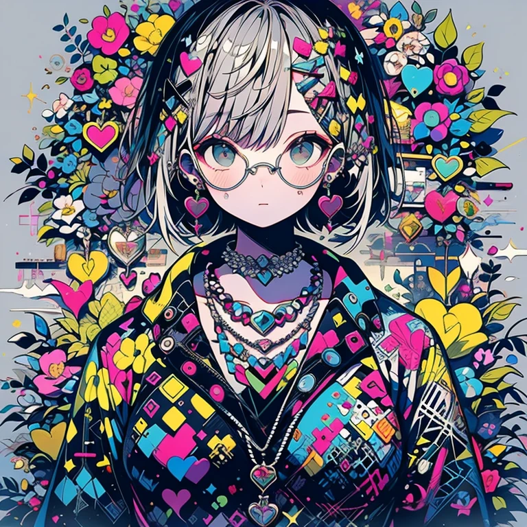 (masterpiece:1.2), Highest quality,sexy,Big Breasts, alone, Colored glasses, jewelry, hair ornaments, View your viewers,One girl, short hair,Earrings, whole body, hair 花, Colored glasses, sunglasses, necklace, bangs, Gray Hair, Round Glasses, Earrings