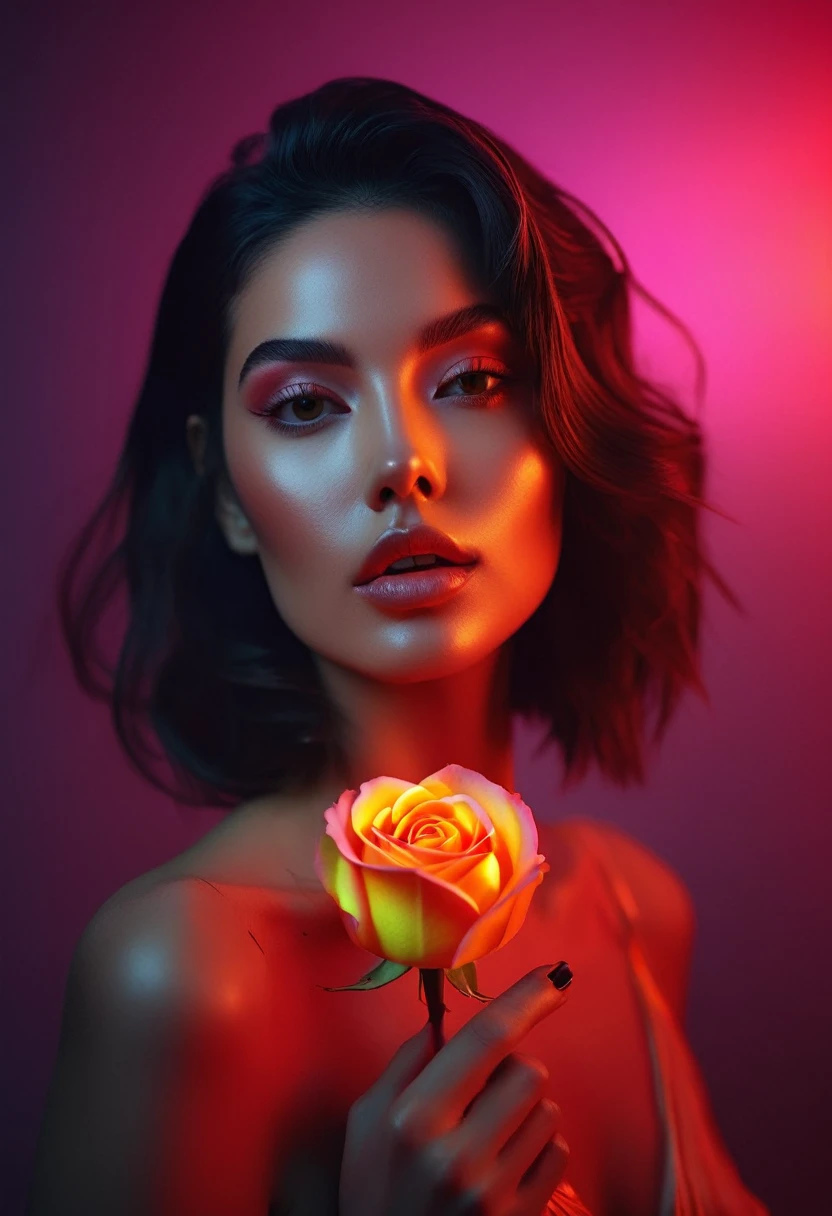 a woman with a neon rose on fire, flawless skin, whimsical photography style, photo captured by an Arriflex 35BL camera using Canon K25 prime lenses, cinematic, dramatic lighting, ultra clear, breathtaking surreal masterpiece. sensual pose