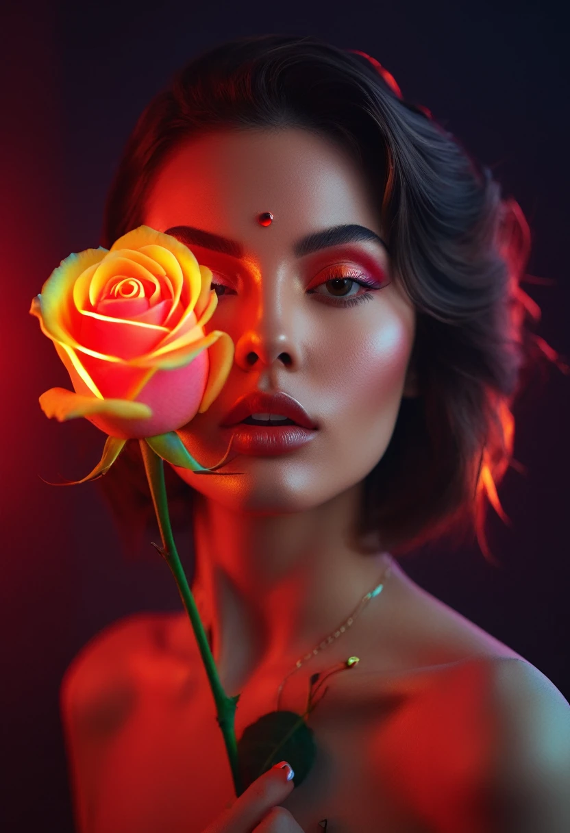 a woman with a neon rose on fire, flawless skin, whimsical photography style, photo captured by an Arriflex 35BL camera using Canon K25 prime lenses, cinematic, dramatic lighting, ultra clear, breathtaking surreal masterpiece. sensual pose