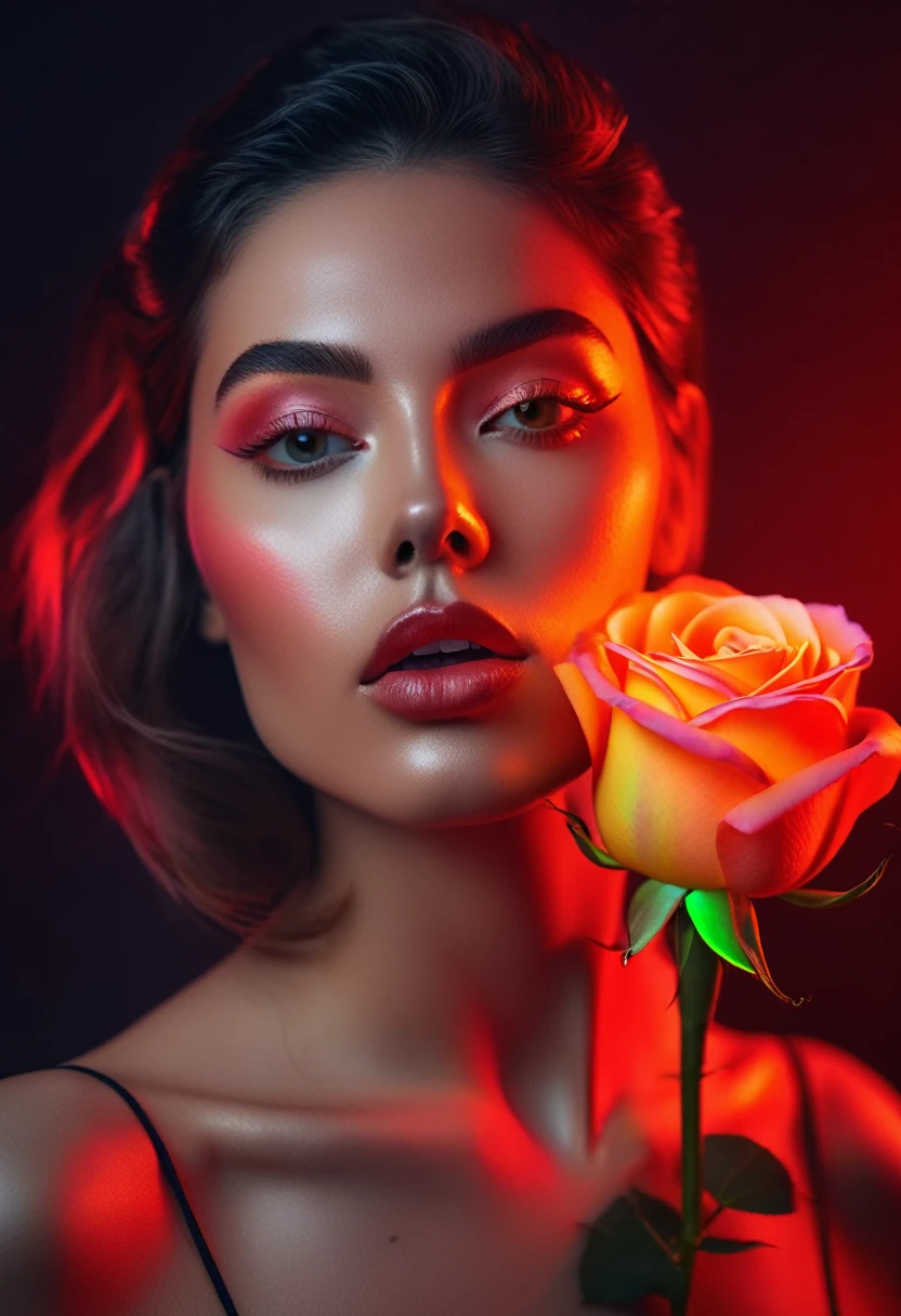 a woman with a neon rose on fire, flawless skin, whimsical photography style, photo captured by an Arriflex 35BL camera using Canon K25 prime lenses, cinematic, dramatic lighting, ultra clear, breathtaking surreal masterpiece. sensual pose