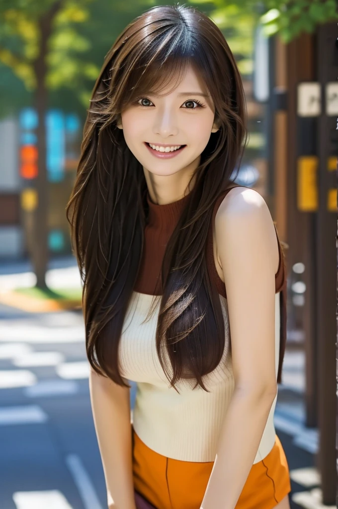 Highest quality、Complete limbs、Full Finger、Beautiful woman、beautiful big tits milf、Woman with straight hair、Brown haired woman、Orange high neck sleeveless knit top、White shorts、Black Pantyhose、Big smile、street tree、Shibuya Ward