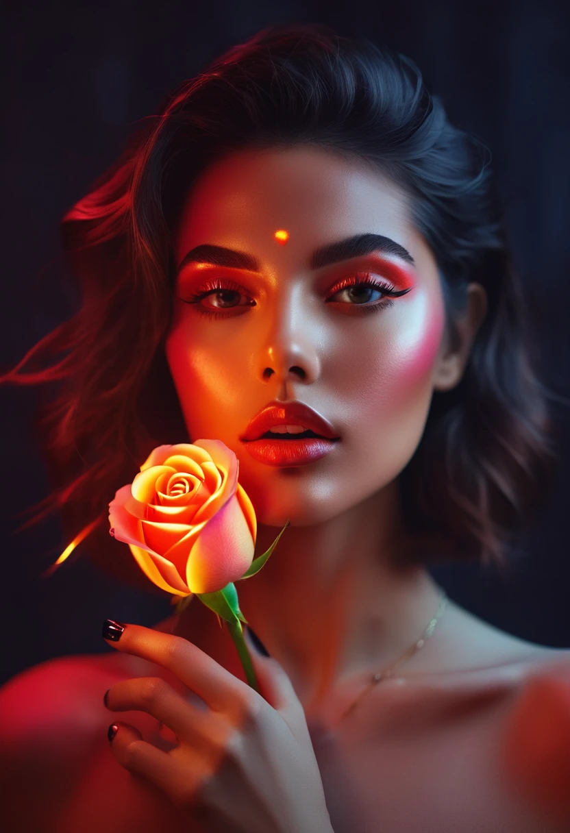 a woman with a neon rose on fire, flawless skin, whimsical photography style, photo captured by an Arriflex 35BL camera using Canon K25 prime lenses, cinematic, dramatic lighting, ultra clear, breathtaking surreal masterpiece. sensual pose