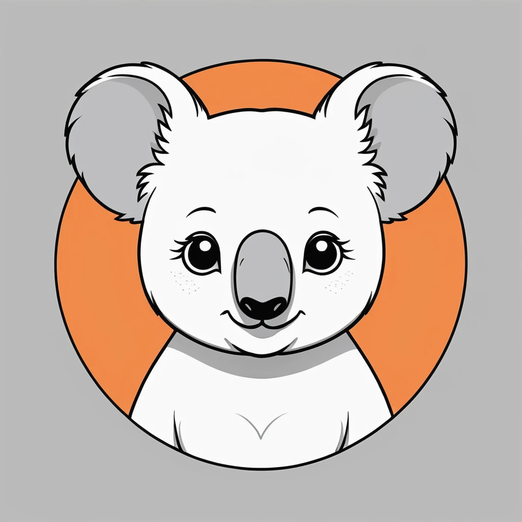 Orange background,Center Placement Koala,Minimalist Line Drawing,Big round head and ears,Black eyes and a small nose,smile,Blue-gray bristles,Black T-shirt,White x mark on chest,Solid orange background,Head and upper body only,Clean black outline,No Shading,Cute expression,Enhance the contrast between the background and the characters,Vector formats