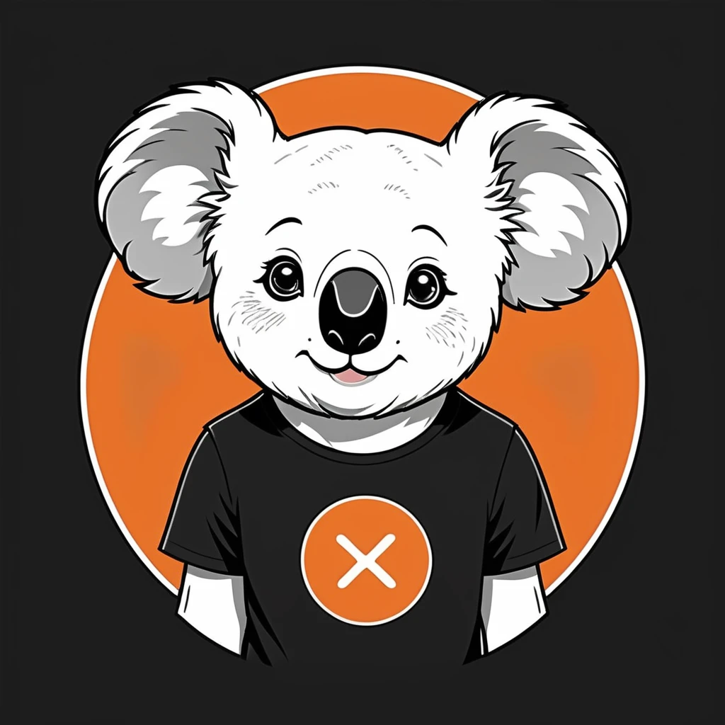 Orange background,Center Placement Koala,Minimalist Line Drawing,Big round head and ears,Black eyes and a small nose,smile,Blue-gray bristles,Black T-shirt,White x mark on chest,Solid orange background,Head and upper body only,Clean black outline,No Shading,Cute expression,Enhance the contrast between the background and the characters,Vector formats