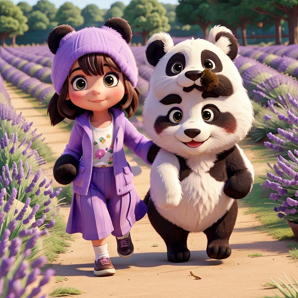Beautiful girl with cute a panda running on a lavender field.