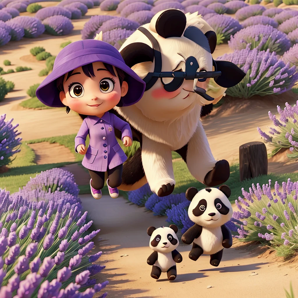 Beautiful girl with cute a panda running on a lavender field.