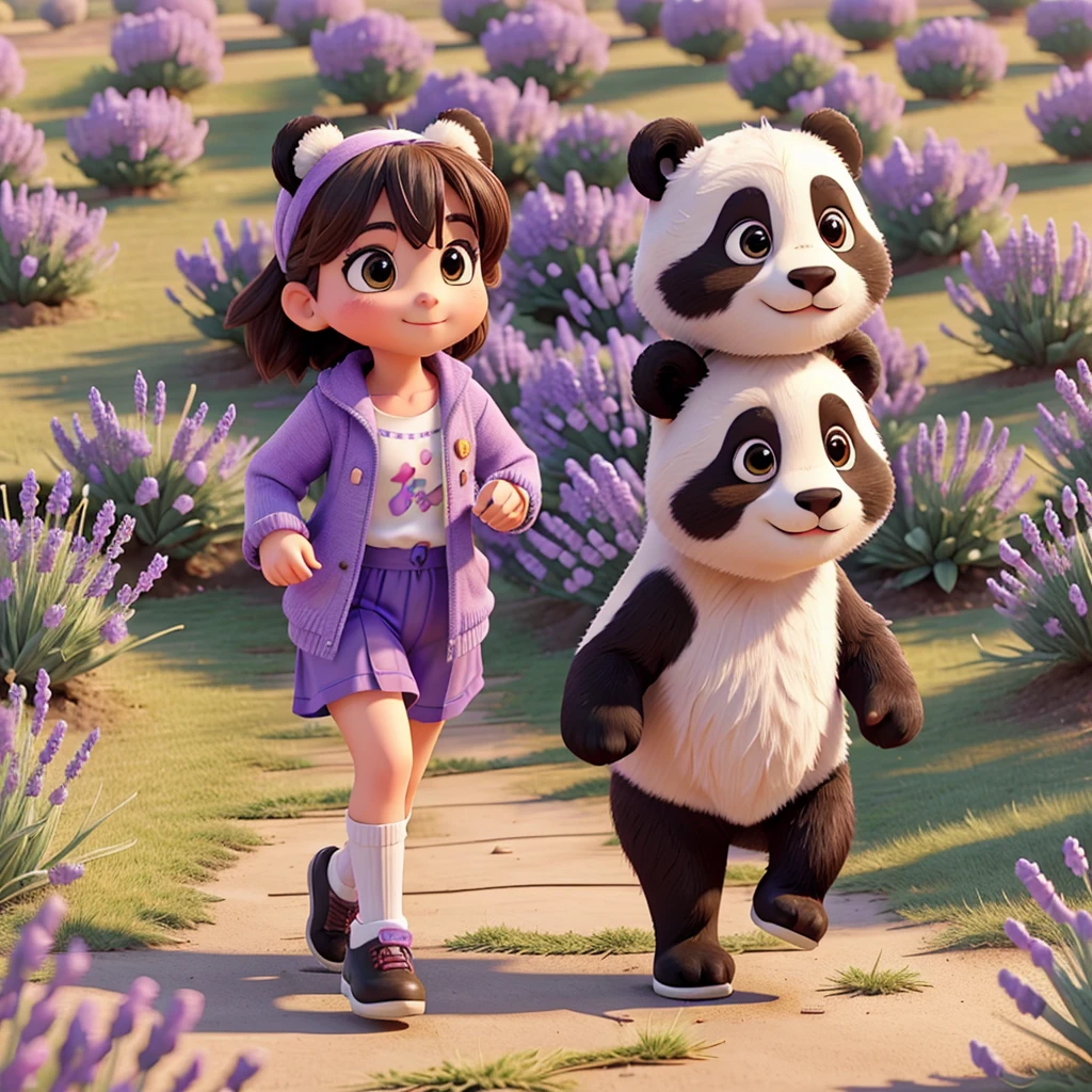 Beautiful girl with cute a panda running on a lavender field.