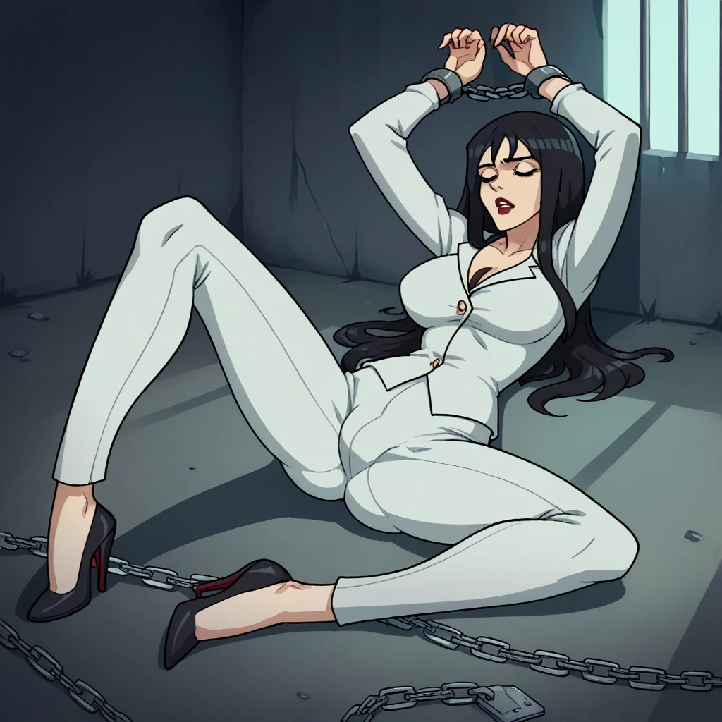 Masterpiece , best quality , Masterpiece , best quality , 1 woman , Long straight black hair , bulge , be unconscious , suit , กางเกงLong legs , big breasts , Long legs , high heels , Lie down on the floor. , Spread your legs , Chain locks both hands , prison cell