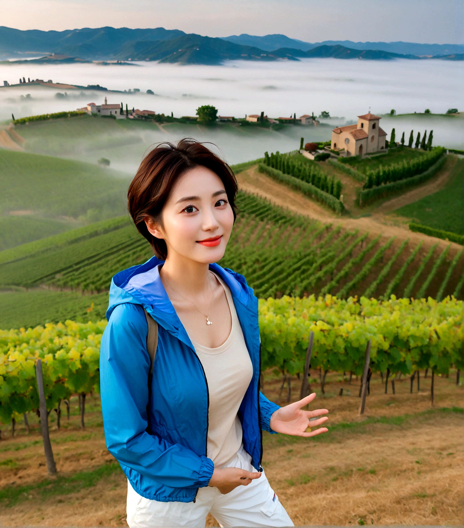 8k best picture quality, Beautiful 36-year-old Korean woman, You have good skin and big and pretty eyes.. Chest size 34 inches, italian countryside, past the vineyard, The cathedral can be seen in the distance in thick fog.., The back background is realistic and vivid quality., Short and medium hair blowing in the wind, Wearing a luxury windbreaker over a t-shirt. beige casual pants, I'm smiling. Standing on a hill overlooking a misty vineyard. the background is clear, Short and slim Korean woman, stand far away, Photo taken with a wide-angle lens, One woman with big and pretty eyes, eyes are round and big
