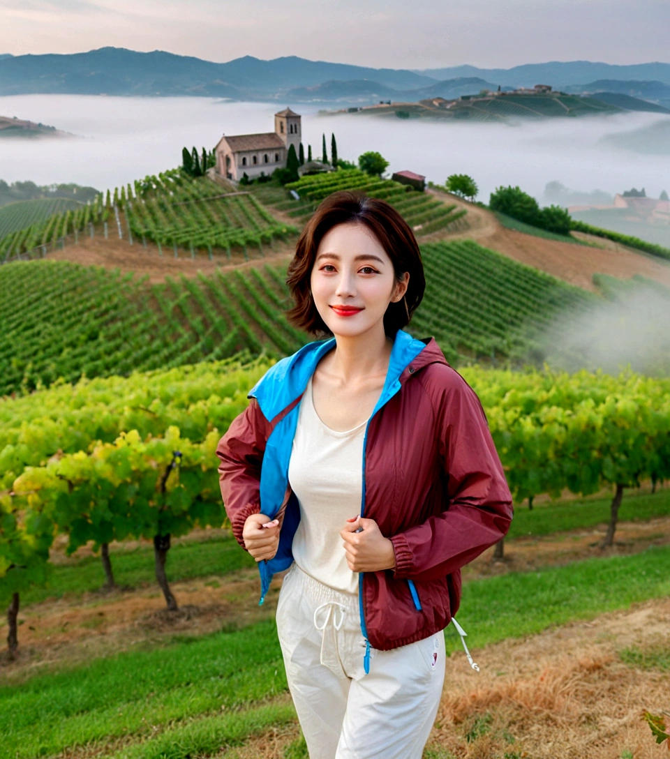 8k best picture quality, Beautiful 36-year-old Korean woman, You have good skin and big and pretty eyes.. Chest size 34 inches, italian countryside, past the vineyard, The cathedral can be seen in the distance in thick fog.., The back background is realistic and vivid quality., Short and medium hair blowing in the wind, Wearing a luxury windbreaker over a t-shirt. beige casual pants, I'm smiling. Standing on a hill overlooking a misty vineyard. the background is clear, Short and slim Korean woman, stand far away, Photo taken with a wide-angle lens, One woman with big and pretty eyes, eyes are round and big