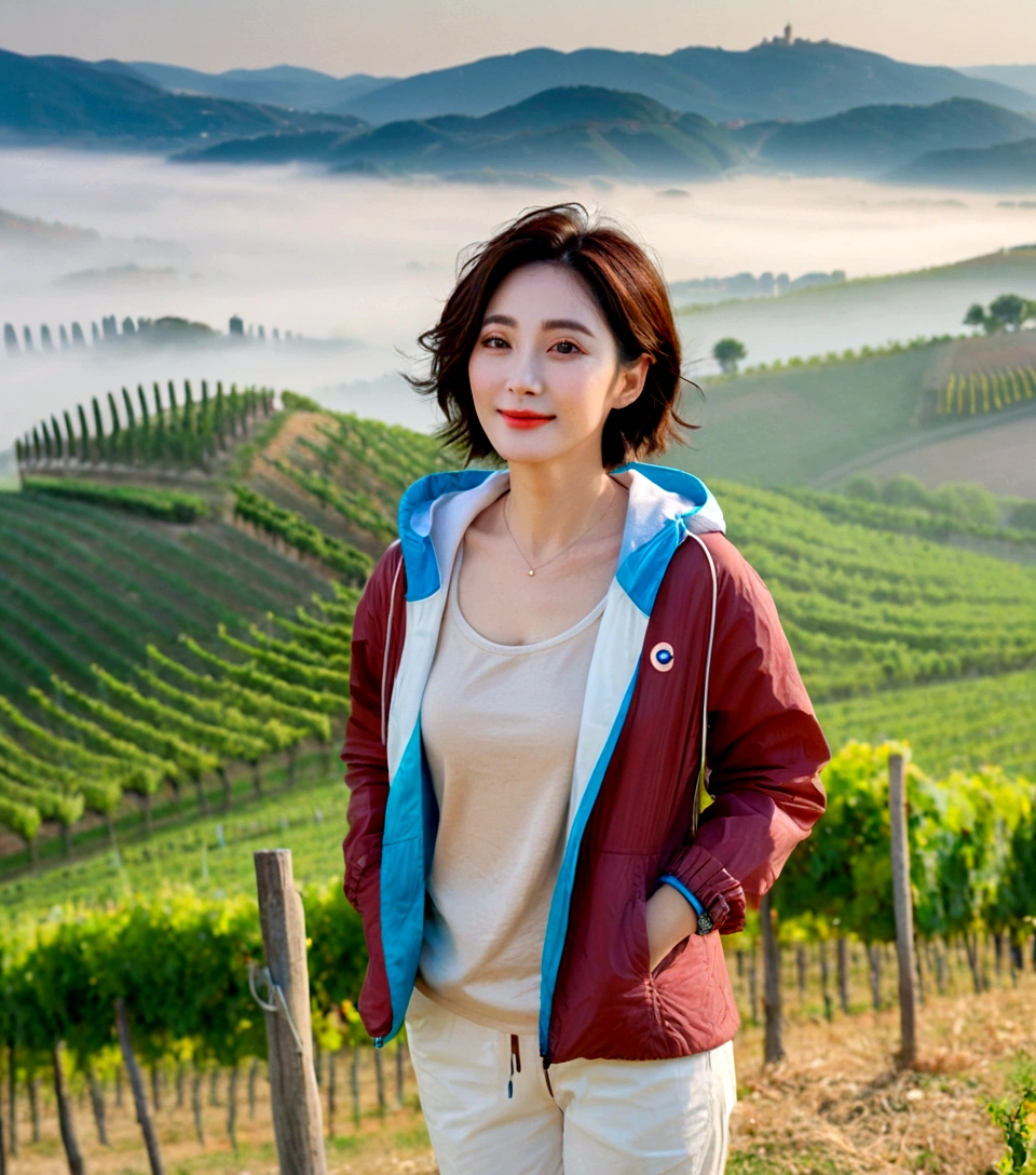 8k best picture quality, Beautiful 36-year-old Korean woman, You have good skin and big and pretty eyes.. Chest size 34 inches, italian countryside, past the vineyard, The cathedral can be seen in the distance in thick fog.., The back background is realistic and vivid quality., Short and medium hair blowing in the wind, Wearing a luxury windbreaker over a t-shirt. beige casual pants, I'm smiling. Standing on a hill overlooking a misty vineyard. the background is clear, Short and slim Korean woman, stand far away, Photo taken with a wide-angle lens, One woman with big and pretty eyes, eyes are round and big