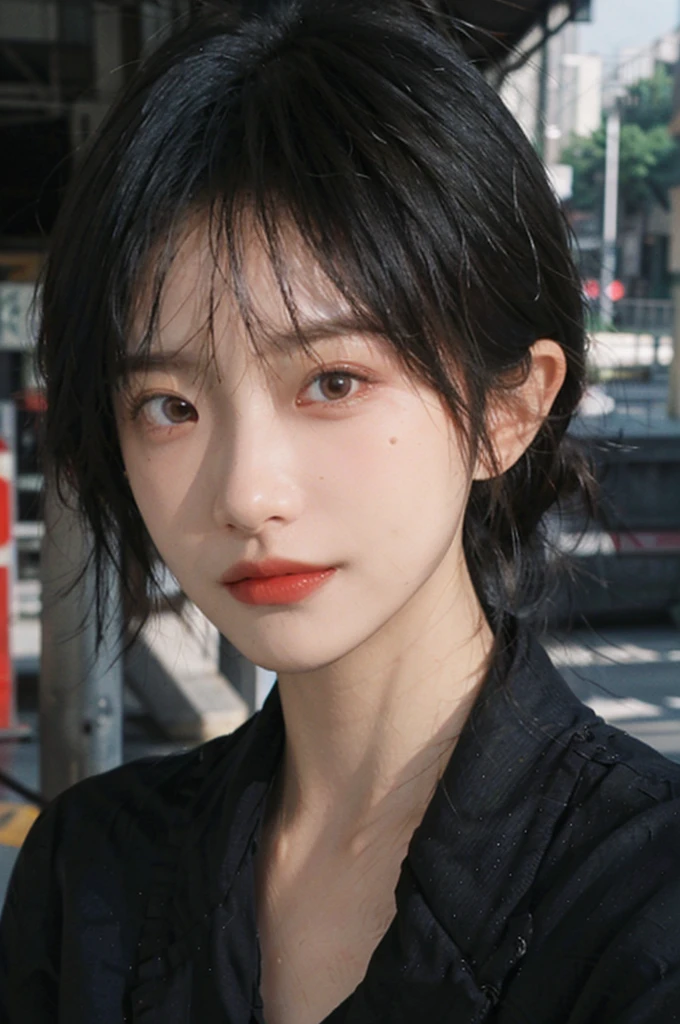 (smooth skin textures:1.3), Lipstick, Upper body,Upper Body,background, earrings, serene, calm, (Dress conservatively:1.6),(Realistic and detailed eyes:1.2), Natural skin texture, Realistic facial details, Soft dramatic lighting, Vivid details, outdoor, (Photo Practical:1.4), (hyper Practical:1.4), (Practical:1.3), (Improve lighting quality:0.9), (Highest quality real skin textures:1.4), (Enhance the beauty of skin texture:1.1), Hair details, model, short hair, Moles under the eyes, Portrait Photography, Depth of Field, Bokeh, Surrealism, Ray Tracing, (Portrait Photography:1.1), Surrealism, High Detail, Chiaroscuro, Ray Tracing, reflected light, Ultra HD, Ultra HD, masterpiece, Textured Skin, Super Detail, High Detail, high quality, best quality