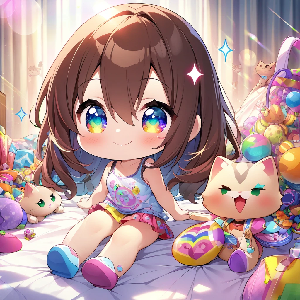 masterpiece, best quality, 4k、2D illustration、one beautiful girl、solo、(((chibi style)))、((vivid colors))、cute chibi、lovely chibi、long beautiful hair, glossy brown hair, hair between eyes, cute、beautifully detailed eyes、((tank top))、((miniskirt))、((colorful))、((happy smile))、sitting on bed、((full body shot))、((kitten)), ((lots of colorful stuff around))、((bed))、sparkle、((lens flare))、