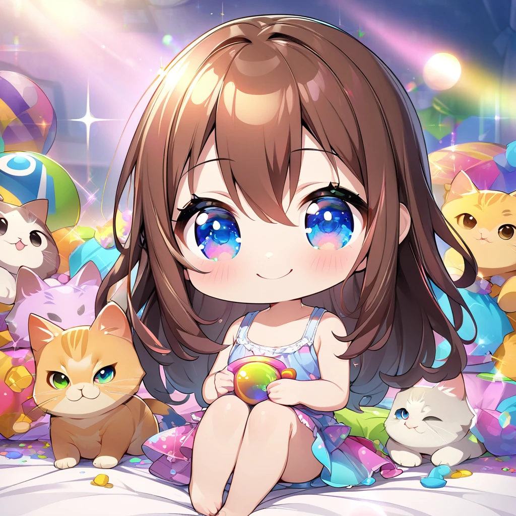 masterpiece, best quality, 4k、2D illustration、one beautiful girl、solo、(((chibi style)))、((vivid colors))、cute chibi、lovely chibi、long beautiful hair, glossy brown hair, hair between eyes, cute、beautifully detailed eyes、((tank top))、((miniskirt))、((colorful))、((happy smile))、sitting on bed、((full body shot))、((kitten)), ((lots of colorful stuff around))、((bed))、sparkle、((lens flare))、