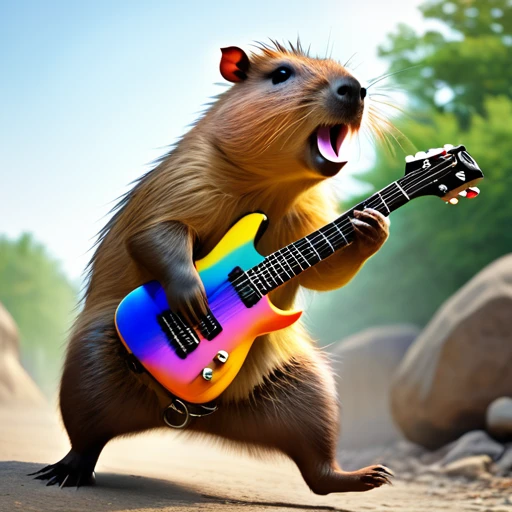 (best quality,4k,highres,masterpiece:1.2),ultra-detailed,(realistic,photorealistic,photo-realistic:1.37),parody,capybara,crazy punk rock capybara,capybara with electric guitar,punk rock style, Cherokee hairstyle,colorful fur,jumping from scene