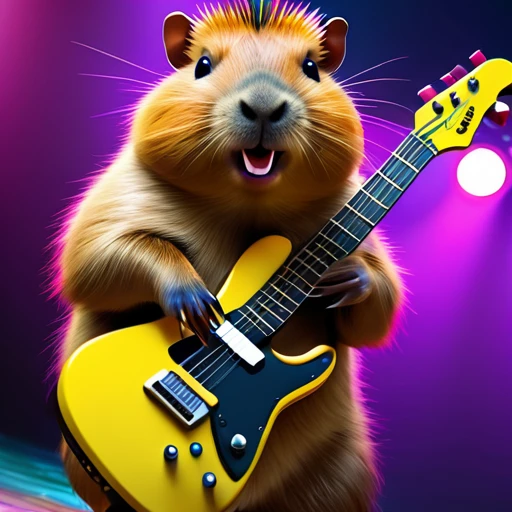 (best quality,4k,highres,masterpiece:1.2),ultra-detailed,(realistic,photorealistic,photo-realistic:1.37),parody,capybara,crazy punk rock capybara,capybara with electric guitar,punk rock style, Cherokee hairstyle,colorful fur,jumping from scene