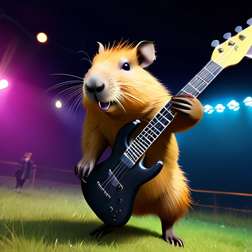 (best quality,4k,highres,masterpiece:1.2),ultra-detailed,(realistic,photorealistic,photo-realistic:1.37),parody,capybara,crazy punk rock capybara,capybara with electric guitar,punk rock style, Cherokee hairstyle,colorful fur,jumping from scene