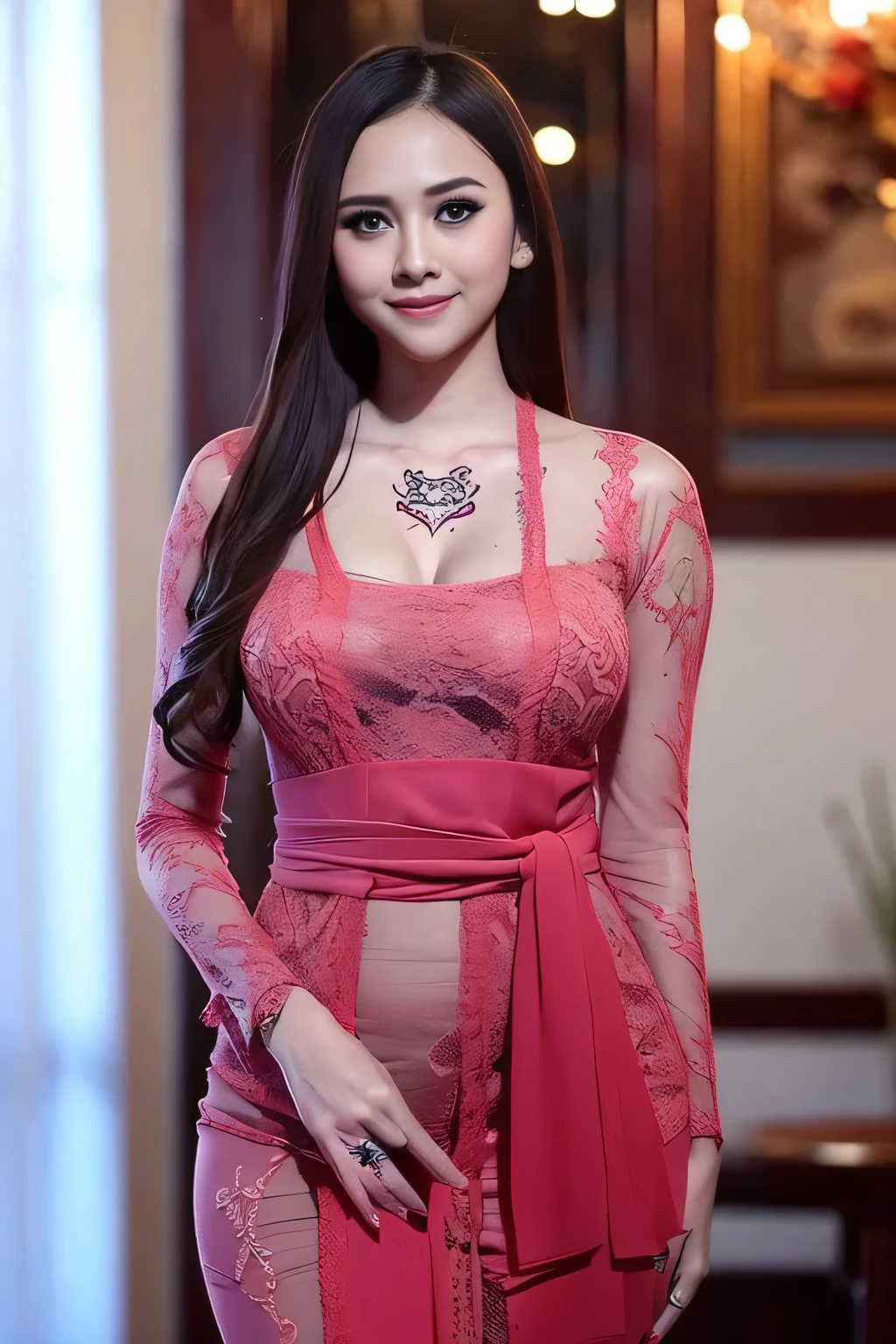 A beauty girl with tattoos on body, beautiful art tattoo detailed, ((text tattoo on body:LOVE)), detailed beautiful eyes, big breast, Wearing kebaya dress, elegant