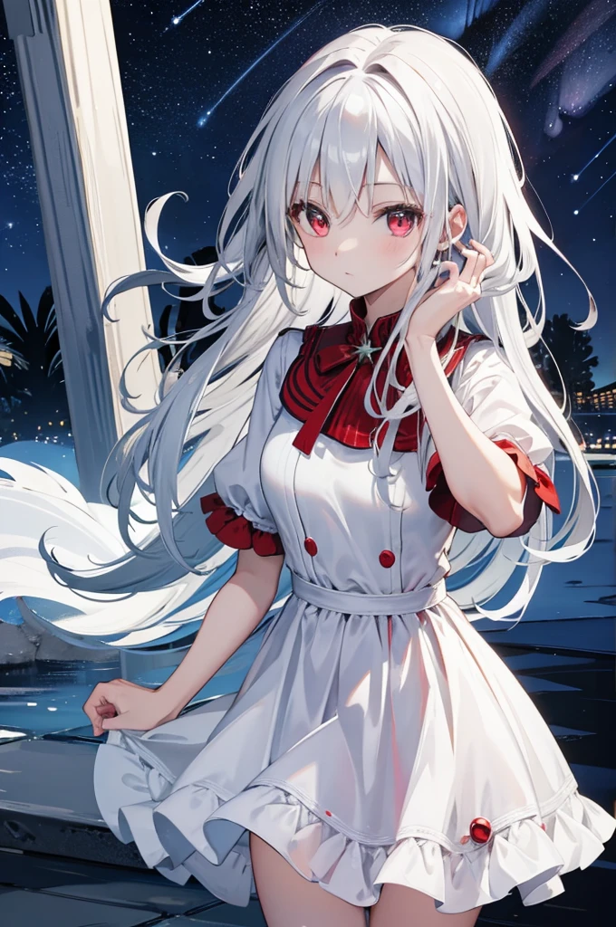 (masterpiece:1.3), (best quality:1.2), (8k, ultra detailed, ultra high res:1.3), anime style, perfect 5 fingers, perfect anatomy, 
1girl, small breasts, long hair, wavy hair, white hair, BREAK red eyes, sundress, (white dress:1.5), looking at viewer, shoot from front, 
BREAK cowboy shot, BREAK (detailed background:1.1), outdoor, aurora, at night, Starry Night Sky with Shooting Stars, 