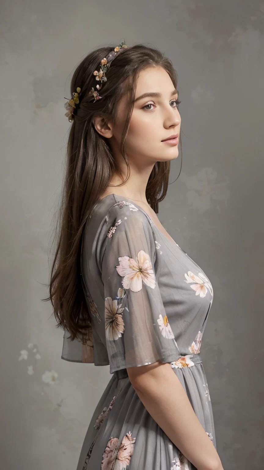 Masterpiece, better quality, portrait, front view, ((half body)), ((beautiful woman)) wearing ((long dress)), ((white dress with brown floral print)), ((sleeve dress)), profile, lookingto side, hands crossed, ((grey background))
