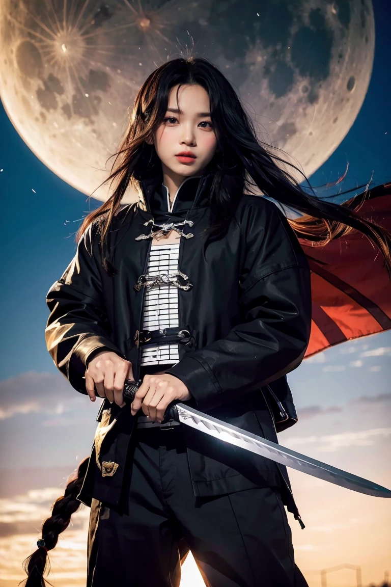 Anime character with long hair holding a sword in front of a full moon, cute face in Demon Slayer art, Kimetsu no Yaiba, inspired by Demon Slayer, Yoriichi Tsugikuni, Demon Slayer Artstyle, Demon Slayer anime image, Tanjiro Kamado