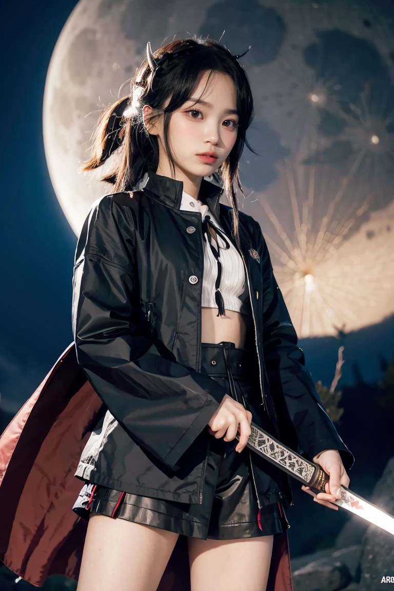 Anime character with long hair holding a sword in front of a full moon, cute face in Demon Slayer art, Kimetsu no Yaiba, inspired by Demon Slayer, Yoriichi Tsugikuni, Demon Slayer Artstyle, Demon Slayer anime image, Tanjiro Kamado