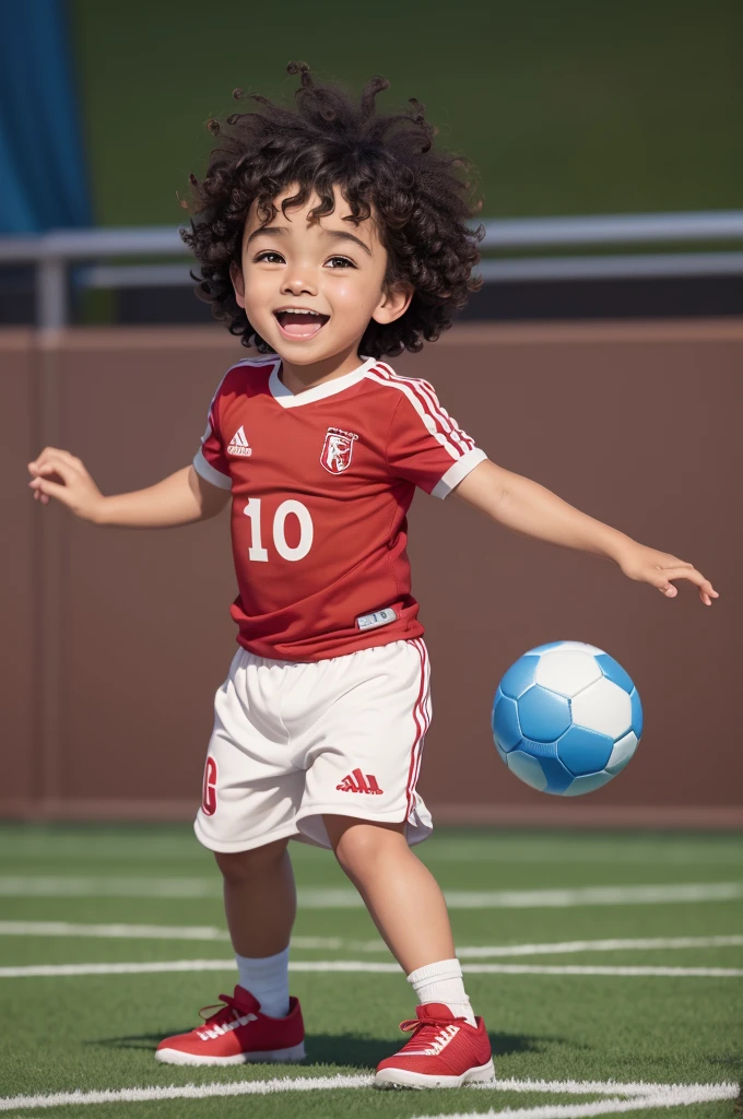 an image of a boy playing with a ball, chubby brown short flamengo curly hair, disney pixar style, a scene of a football field 
happy expression