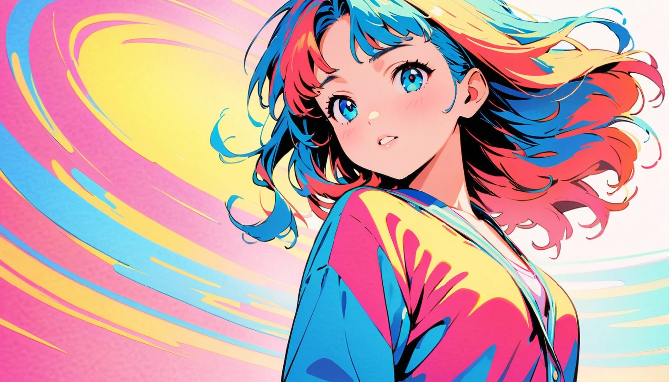 (Highest quality:1.2, City Pop Style, Very detailed, Latest, Vibrant, High Contrast, masterpiece:1.2, Highest quality, Best aesthetics), girl, ((Face Up Shot:1.4)), Colorful Hair, pastel colour, 1980s style, ((Retro, Vintage, Plain background))