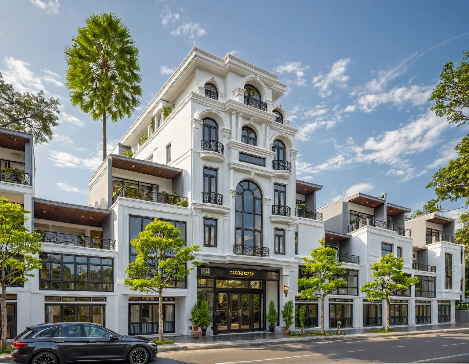 neo classical villa on street, (daylight), tropical tree, vivid colour, streetcapes, white tone, white wall, large glass door, warm interior lighting, wood and marble, best quality, 20ArchiAI_XL_NeoTH-v2