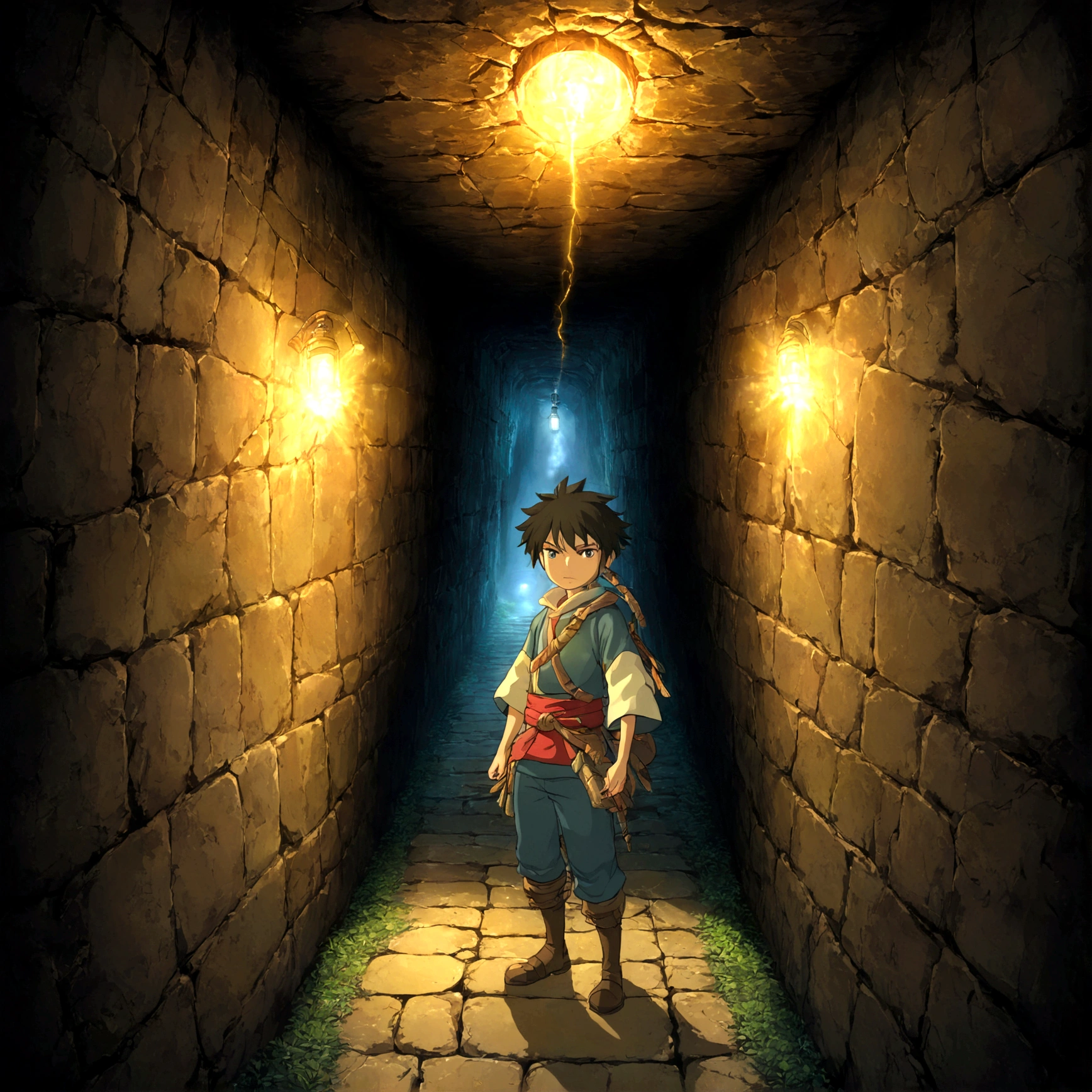 Beautiful game world, Fantasy, Furai no Shiren, Dungeons, First Person View, Narrow Passage, Stuffy air, feeling of confinement, The smell of damp earth, Flashlight light, anxiety, nervous, Expectations, discovery, Cracks in the walls, The light seen from there, Shiren&#39;s hopeful expression