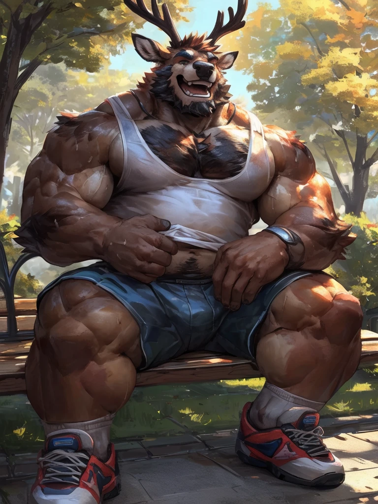 lindong, lucusold, a man with a huge muscle, furry deer wearing shorts and tank top, shoes, holding mineral water, sweat, brown furr, sitting in bench, park, ((muscular, sixpack)), happy, laugh, bearded , thicc, lowres, giant and muscular, danbooru and artstation, heavy detailed, insanely inflated hips, proportionally arms, commission for high res, detailed but rough, semirealistic:1.3