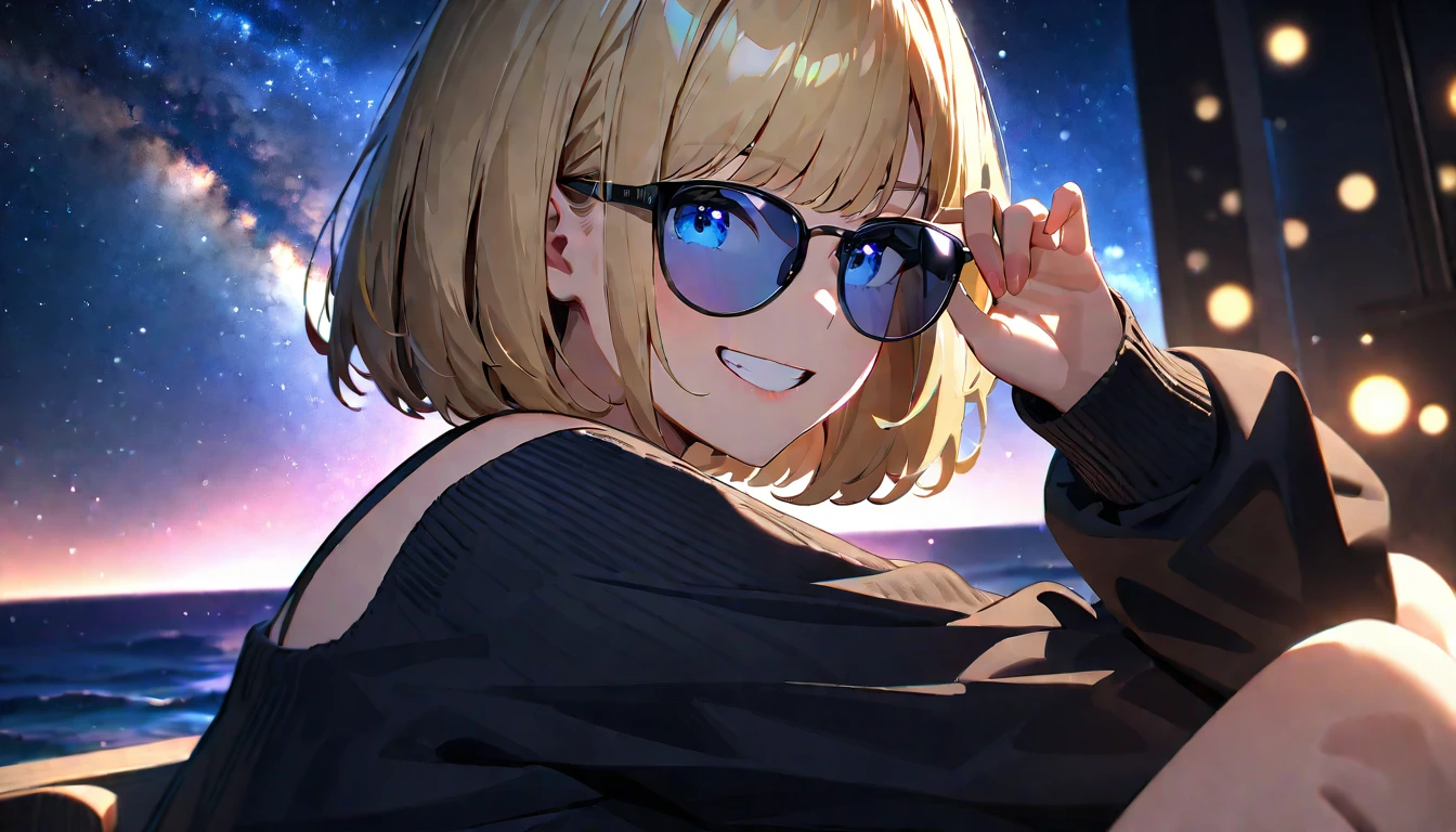 ((grin)), ((off-shoulder sweater:1.3, Quite thick shoulder straps)), ((black sweater)), ((blond hair, bob cut:1.3)), ((sunglasses, hand to sunglasses)), (((from side))), ((((upper body)))), bare legs, ((Leaning to side)), (((a beautiful starry sky, the Milky Way shining beautifully in the night))), ((sitting on the very high cliff)), wavy hair, inward curled hair, ((sea, nature)), breasts, teenager, (looking at viewer), oversized clothes, puffy long sleeves, collarbone, head tilt:1.3, (((blue eyes))), happy smile, (((anime style))), (best quality, 4K, 8K, highres, masterpiece:1.2, ultra-detailed, ultra-detailed eyes, HDR, uhd, studio lighting, ultra-fine painting, sharp focus, physically-based rendering, extreme detail description, professional, vivid colors, bokeh)