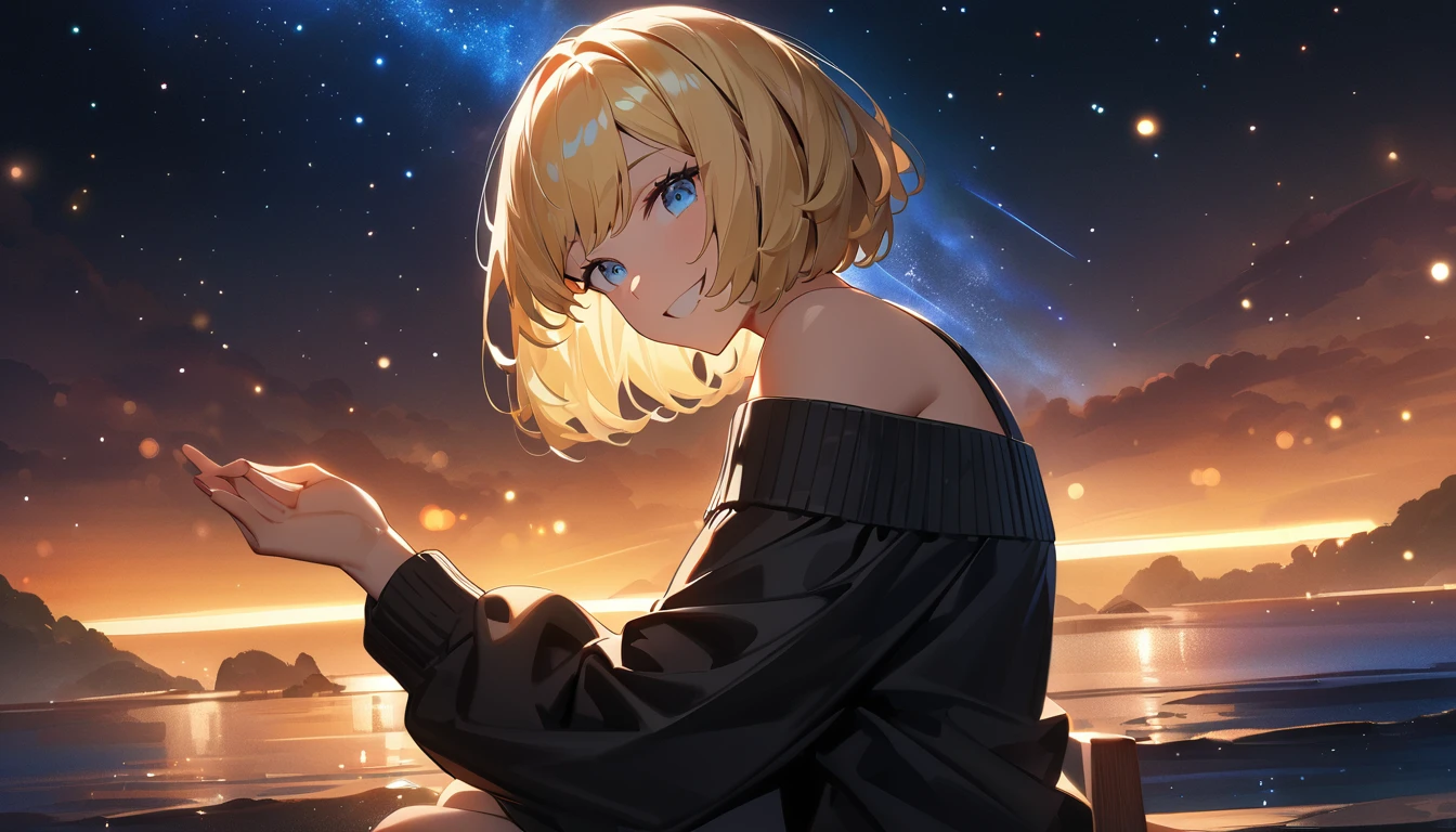 ((grin)), ((off-shoulder sweater:1.3, Quite thick shoulder straps)), ((black sweater)), ((blond hair, bob cut:1.3)), ((sunglasses, hand to sunglasses)), (((from side))), ((((upper body)))), ((Leaning to side)), (((A meteor shower dancing in the night sky, countless stars twinkling in the clear air))), ((sitting on the very high cliff)), wavy hair, inward curled hair, ((sea, nature)), breasts, ager, (looking at viewer), oversized clothes, puffy long sleeves, collarbone, head tilt:1.3, (((blue eyes))), happy smile, (((anime style))), (best quality, 4K, 8K, highres, masterpiece:1.2, ultra-detailed, ultra-detailed eyes, HDR, uhd, studio lighting, ultra-fine painting, sharp focus, physically-based rendering, extreme detail description, professional, vivid colors, bokeh)