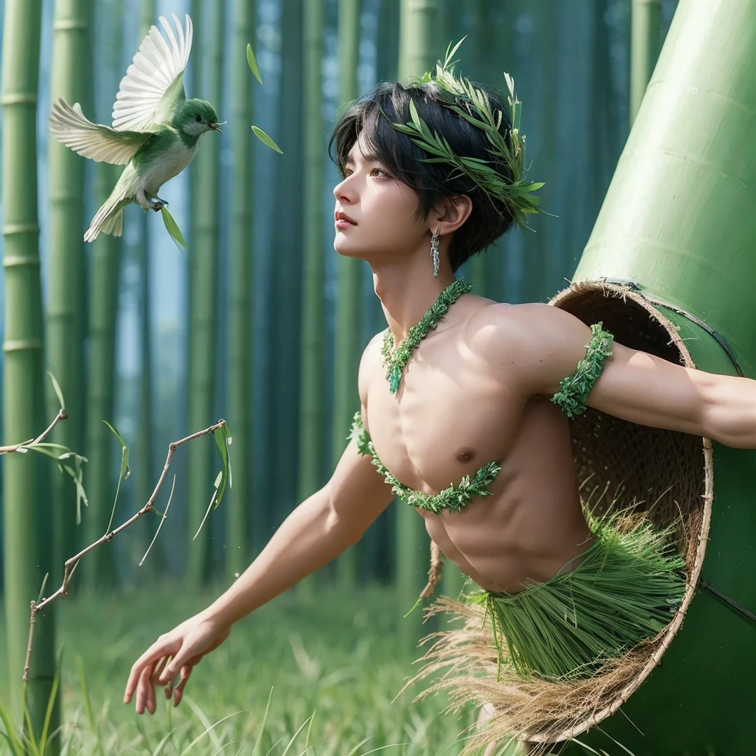 Handsome boy, black hair, brown eyes, wearing green grass crown wearing green grass loin cloth, green bamboo