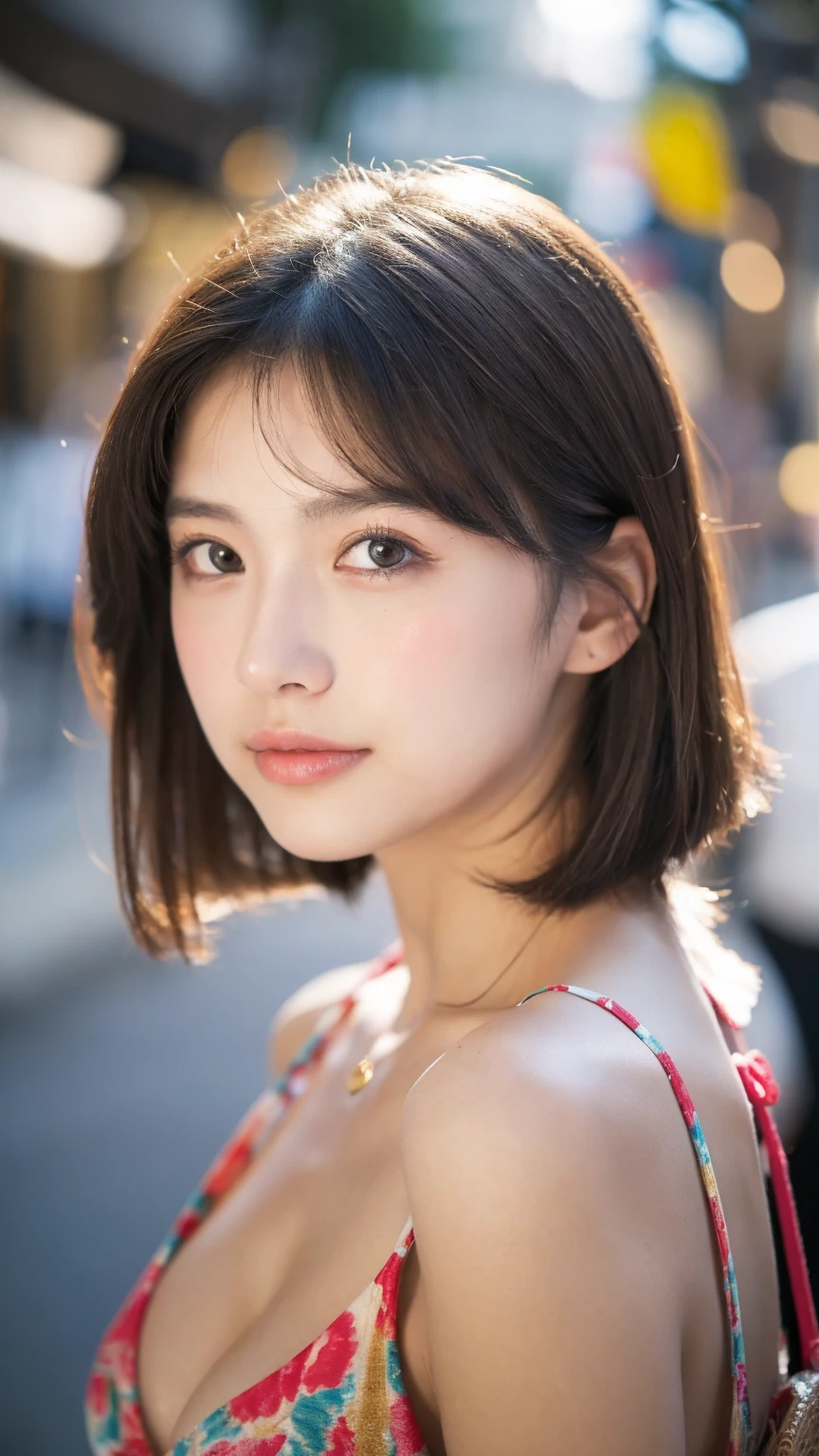 ((Best quality, 8K, masterpiece:1.3)),1girl,18 years old,Asian,Real texture:1.3,(Background blur:1.1),Dress Up,Tall and slender figure:1.2,(Hot summer weather),(street:1.3),Highly detailed face and skin textures,Exquisite eyes,Long eyelashes,Double eyelids,Skin Whitening,happy,Various postures,Big breasts