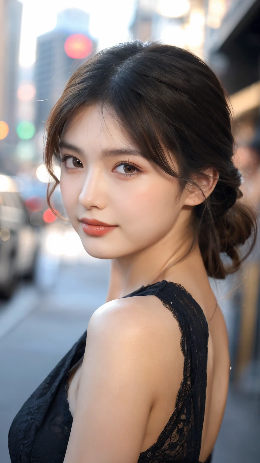 ((Best quality, 8K, masterpiece:1.3)),1girl,18 years old,Asian,Real texture:1.3,(Background blur:1.1),Dress Up,Tall and slender figure:1.2,(Hot summer weather),(street:1.3),Highly detailed face and skin textures,Exquisite eyes,Long eyelashes,Double eyelids,Skin Whitening,happy,Various postures,Big breasts