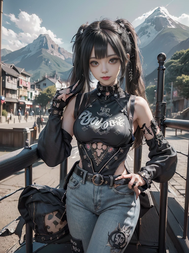 (Full Body View:1.4)、(Full body:1.3)、(Smiling with teeth showing:1.3),(Shibuya Gal:1.5)、(Gothic Lolita style fashion:1.5)、(Punk RockVisual Kei:1.5)、(Wearing a rhythmic gymnastics bodysuit with intricate details:1.4)、(Racing suit and pants with intricate decoration in beige, denim and charcoal:1.5)、(Denim and black and brown boots:1.3)、((belt))、(Numerous delicate logo marks all over the costume:1.4)、(collar:1.3)、(Polka dot underwear:1.5)、20-year-old、NSFW、((Highest quality、In 8K、masterpiece:1.3))、Sharp focus:1.2、(Layered Cut、Huge boobs:1.1),Beautiful woman with perfect figure:1.4、(do a gravure pose:1.3)、Slender Abs:1.2、Highly detailed face and skin texture、Detailed eyes、double eyelid,(Twin tails:1.3)、(Black brown hair:1.3)、Gravure idol、(The background is a vast mountain々Beautiful European tourist destinations:1.3)、(Slim body:1.3),(Make your legs thinner:1.4),(clavicle:1.1)
